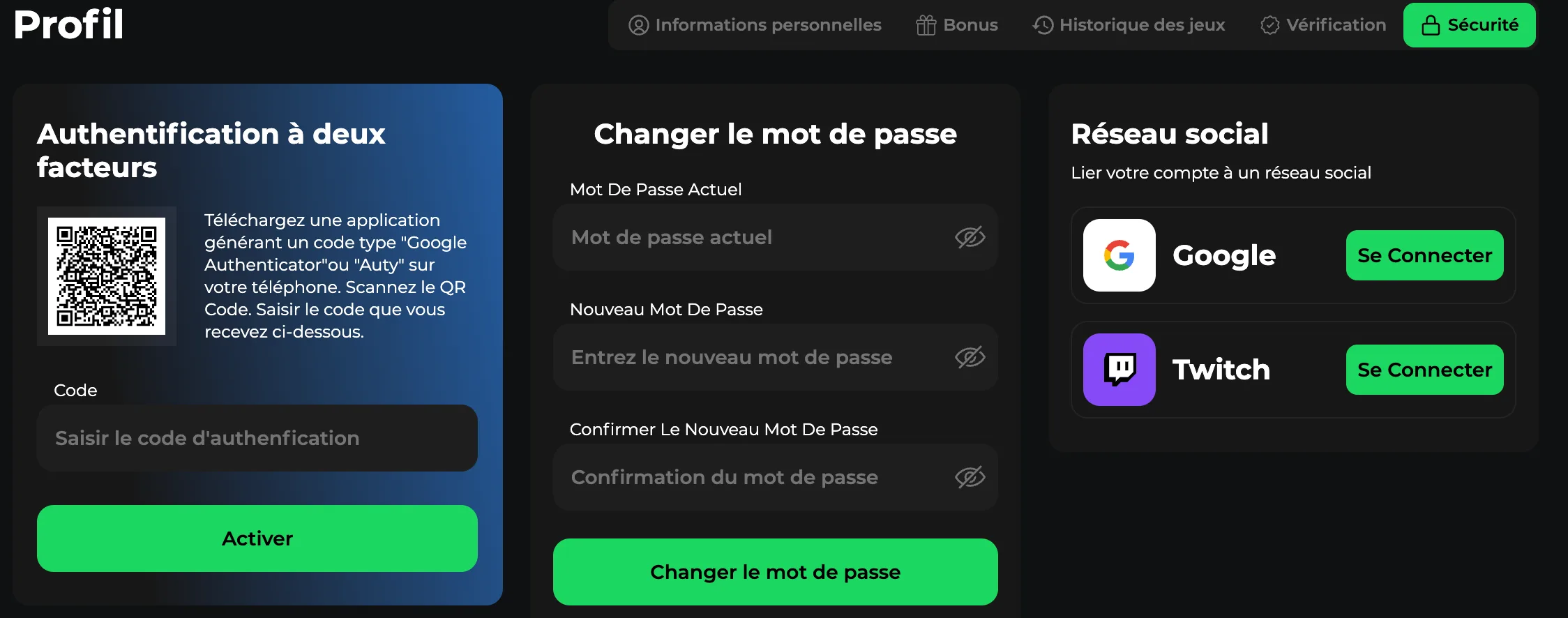 Sécurité compte Betify